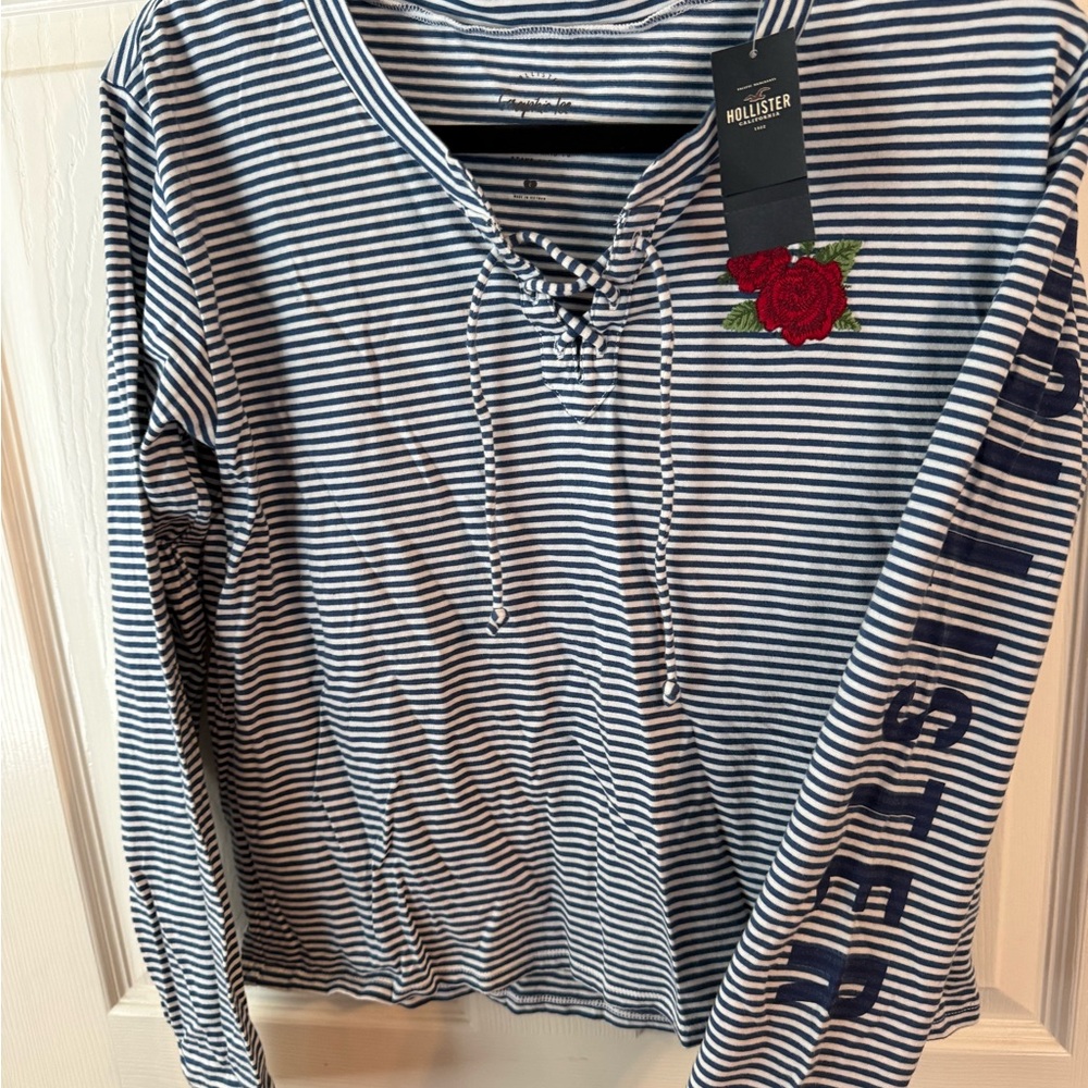 Hollister Navy & White Striped Lace-Up Long Sleeve Top with Red Rose Patch small